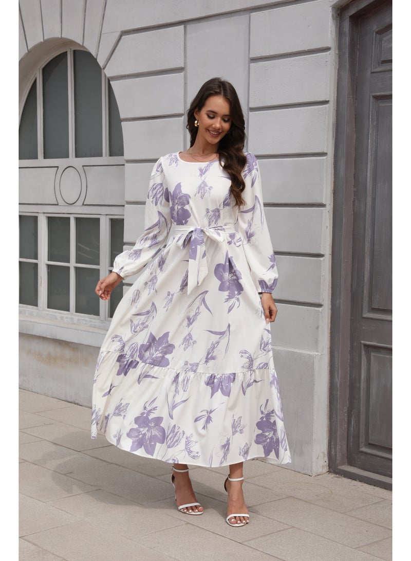 Maxi Dresses for Curvy Women Casual 3/4 Sleeve Crewneck Floor Length Floral Print Dress with Belt - Image 3
